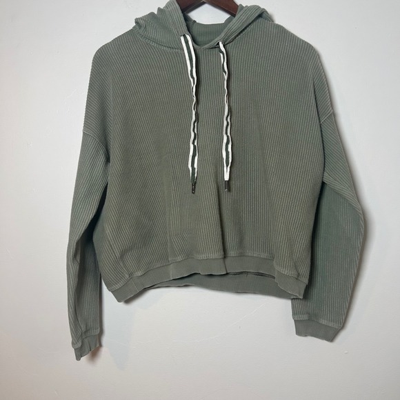 aerie Tops - EUC Aerie Ribbed Knit Hoodie Womens S Olive Green Cropped Long Sleeve Cotton